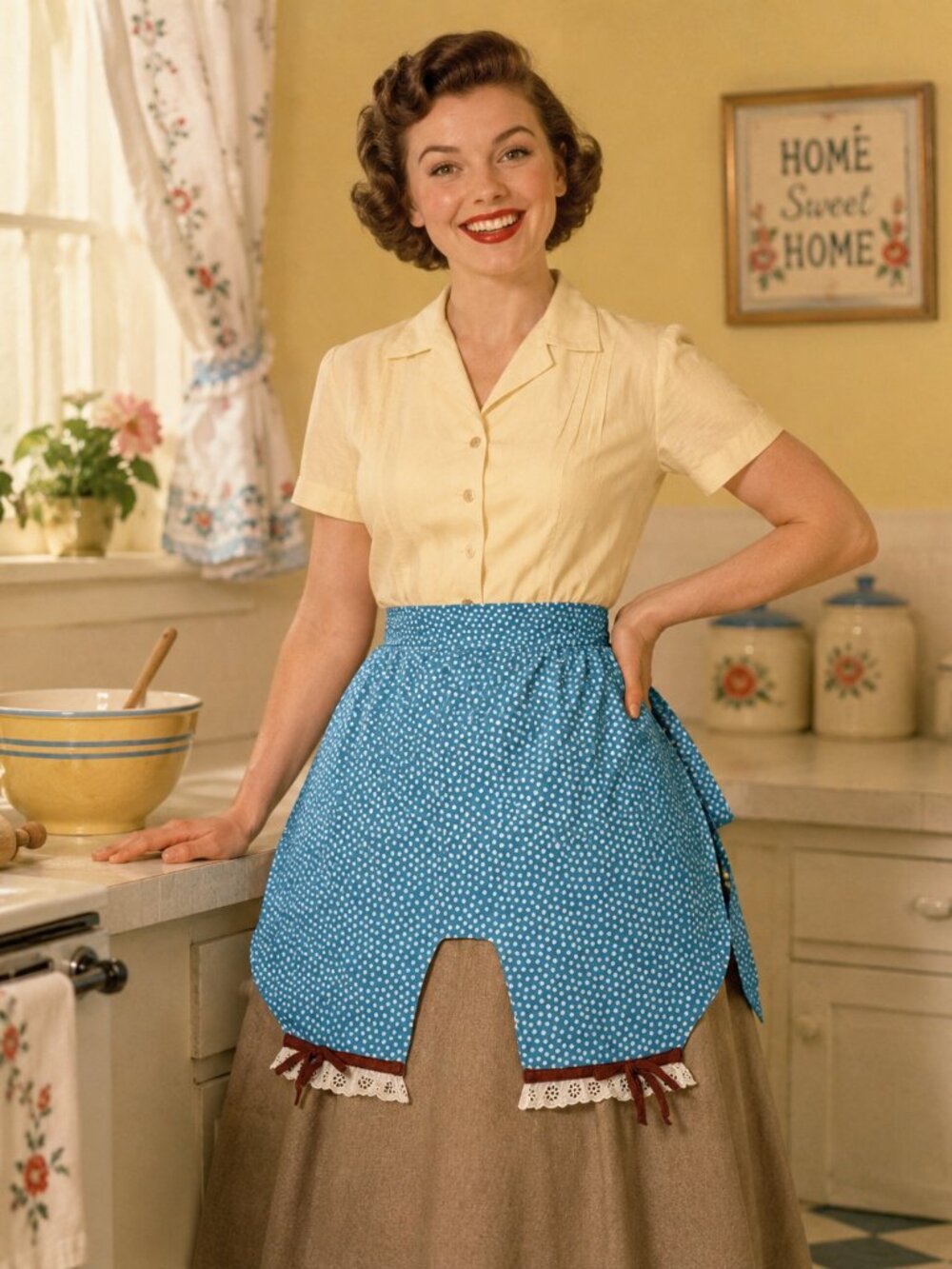 Bloomer Design Apron Vintage 18" Length Tie Back Blue with Cream & Maroon Accent